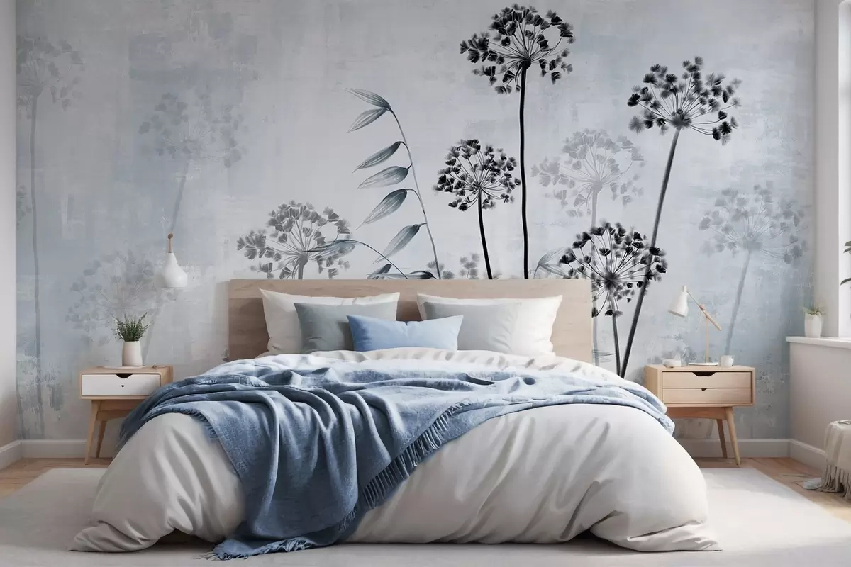 murales de pared Dibujo de flores secas con tallos largos, paleta monocroma, sobre fondo gris claro texturado, ilustración botánica w09314