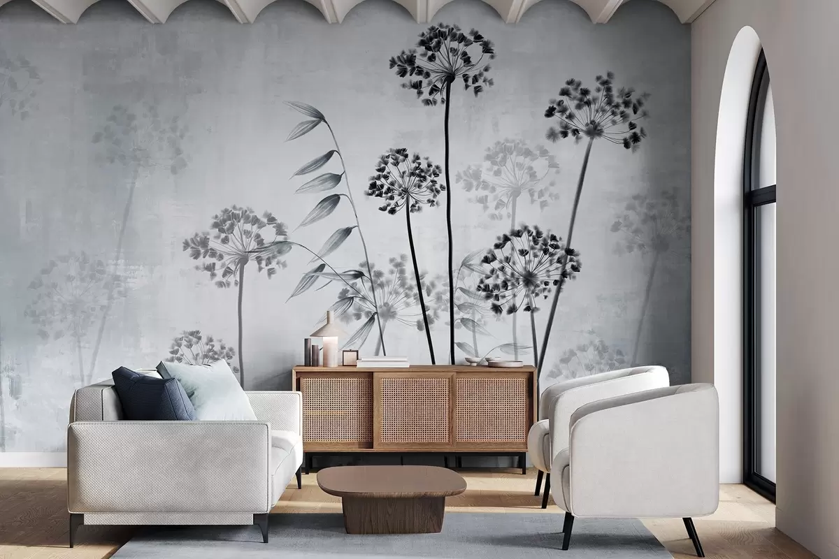 murales de pared Dibujo de flores secas con tallos largos, paleta monocroma, sobre fondo gris claro texturado, ilustración botánica w09314