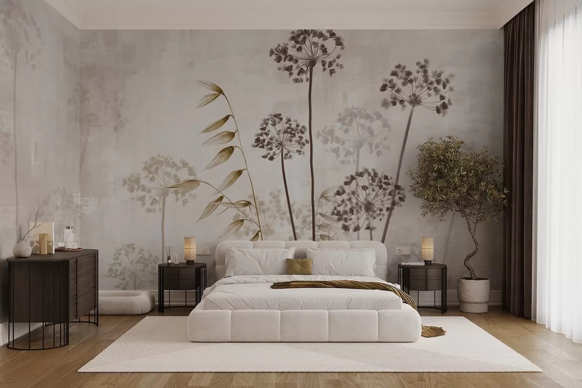 murales de pared Dibujo de flores secas con tallos largos, paleta monocroma, sobre fondo beige claro texturado, ilustración botánica w09314v1