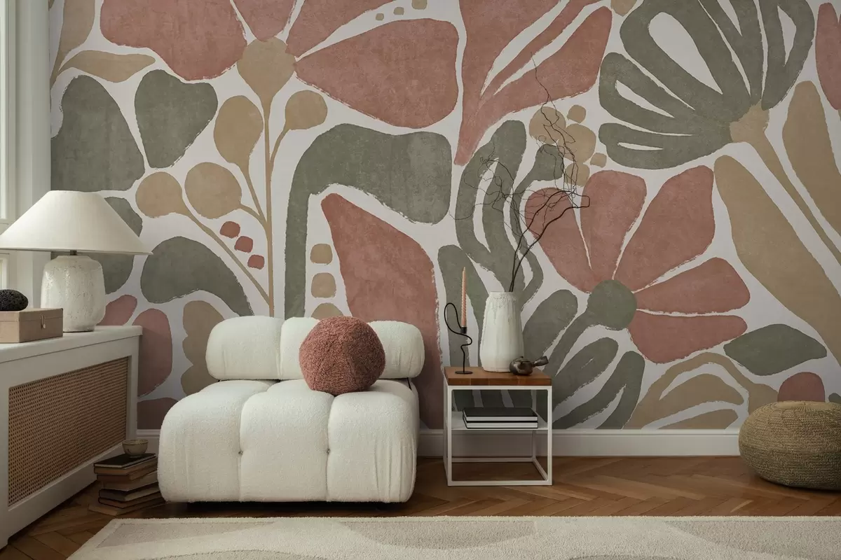 murales de pared Flores abstractas en tonos rojos, verdes y beige, con un fondo claro, en un diseño plano, estilizado, moderno y minimalista w09315