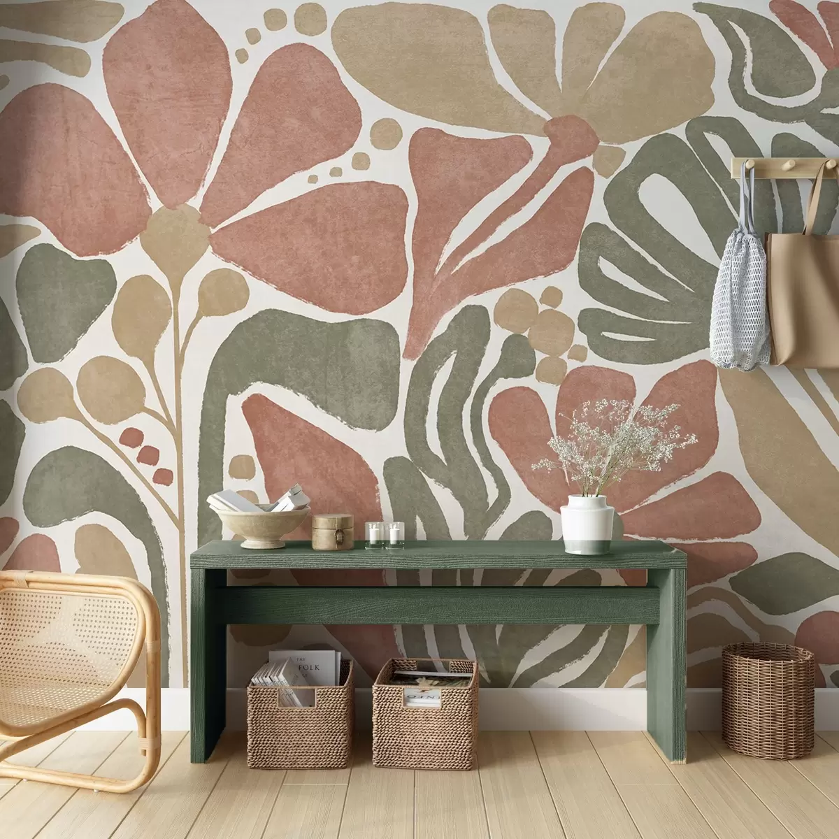 murales de pared Flores abstractas en tonos rojos, verdes y beige, con un fondo claro, en un diseño plano, estilizado, moderno y minimalista w09315