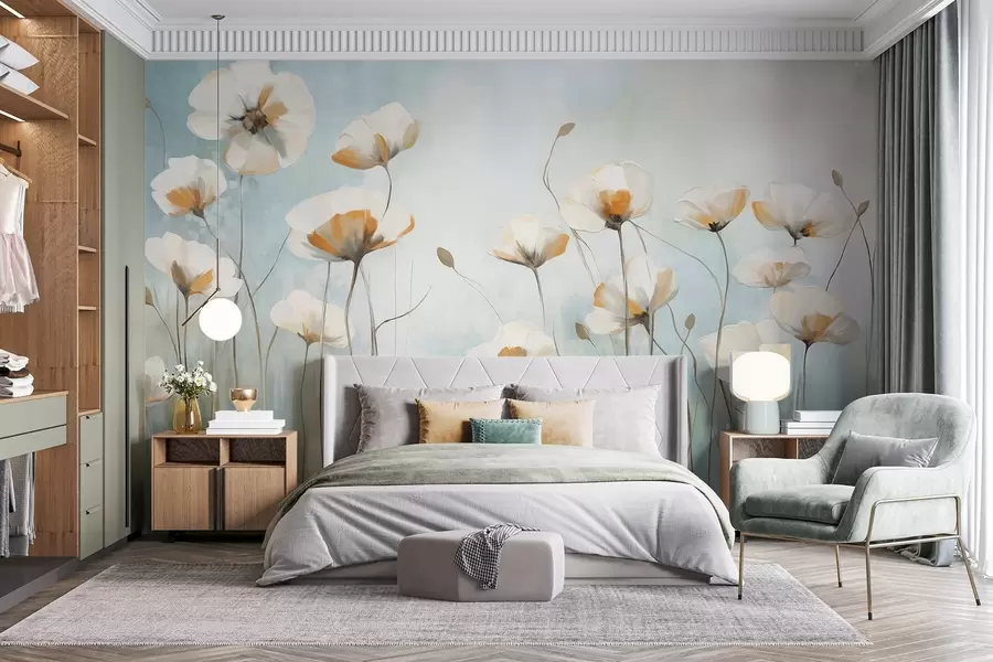 murales de pared Amapolas blancas texturizadas sobre largos tallos, fondo azul claro y verde, suaves pinceladas, delicado arreglo floral de campo w09317