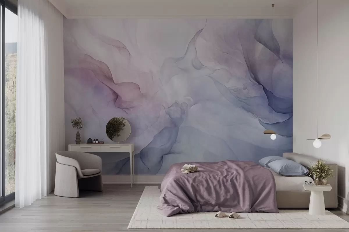 murales de pared Pintura abstracta texturizada con tonos pastel fluidos de rosa, morado y azul que crean un efecto suave w09318