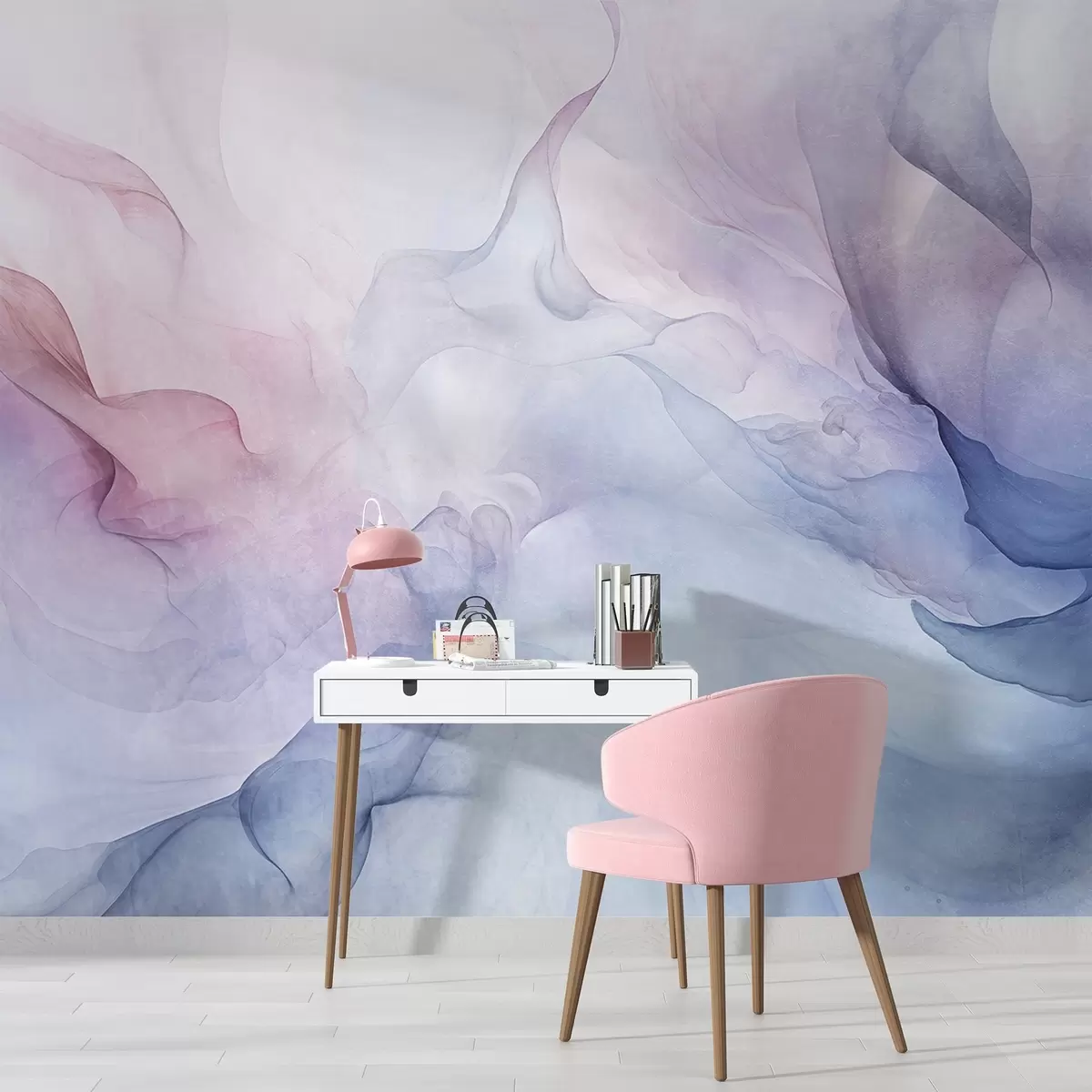 murales de pared Pintura abstracta texturizada con tonos pastel fluidos de rosa, morado y azul que crean un efecto suave w09318