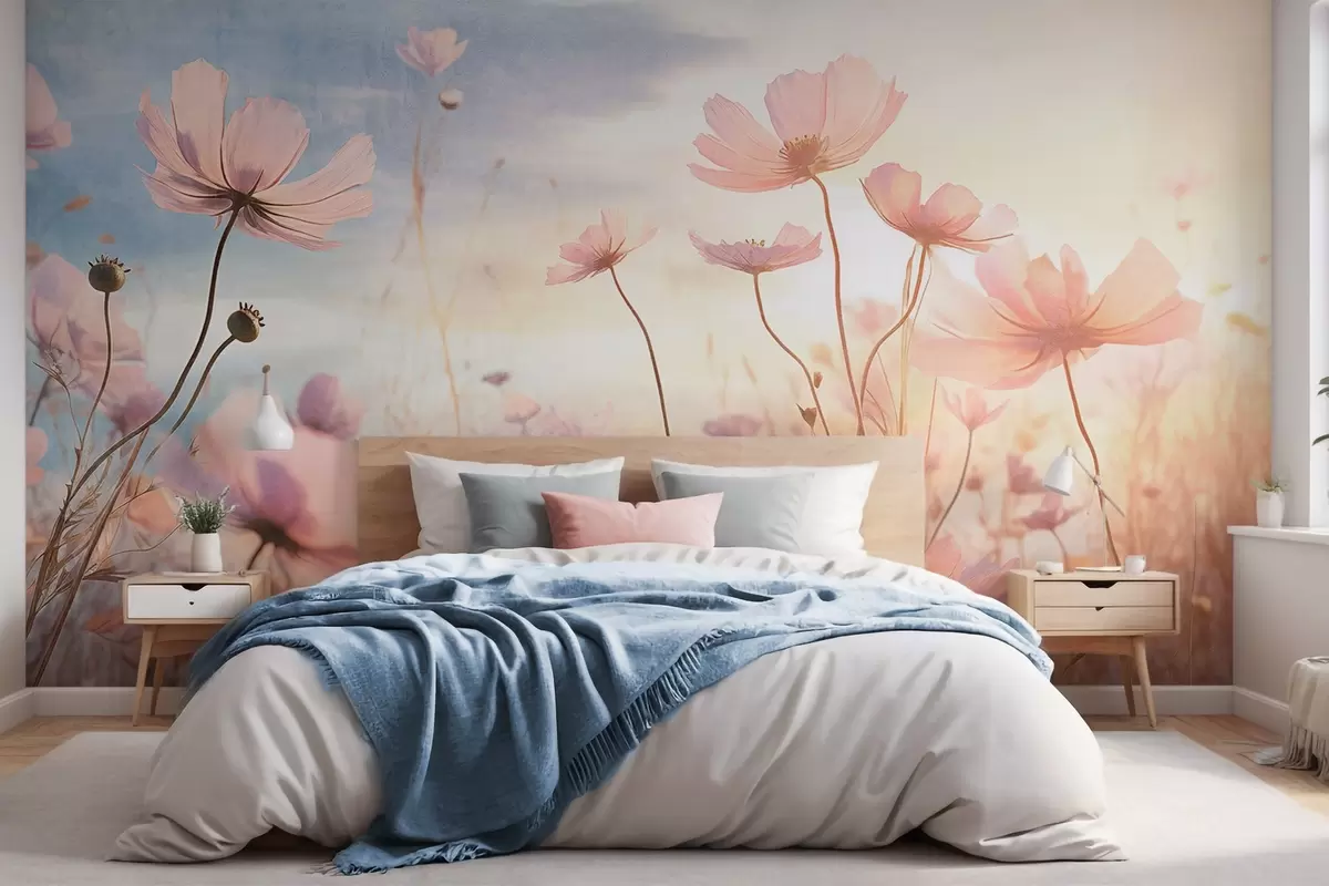 murales de pared Un campo de flores de textura rosa con tallos largos, contra un suave cielo azul y amarillo, creando una atmósfera de ensueño w09320