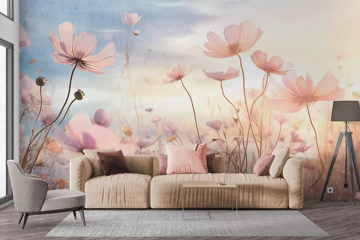 murales de pared Un campo de flores de textura rosa con tallos largos, contra un suave cielo azul y amarillo, creando una atmósfera de ensueño w09320