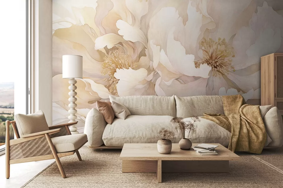 murales de pared Flores con textura de peonía y delicados pétalos en tonos melocotón crema y rosa claro con una suave textura de acuarela w09321