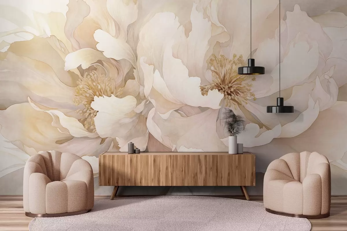 murales de pared Flores con textura de peonía y delicados pétalos en tonos melocotón crema y rosa claro con una suave textura de acuarela w09321