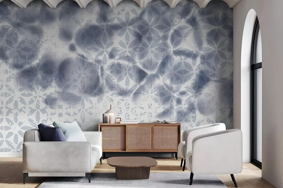 murales de pared Arte abstracto texturizado con estampado floral azul, efecto difuminado y borroso, que crea una atmósfera suave y soñadora w09322