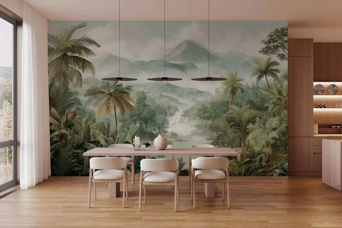 murales de pared selva tropical con cascada w04306
