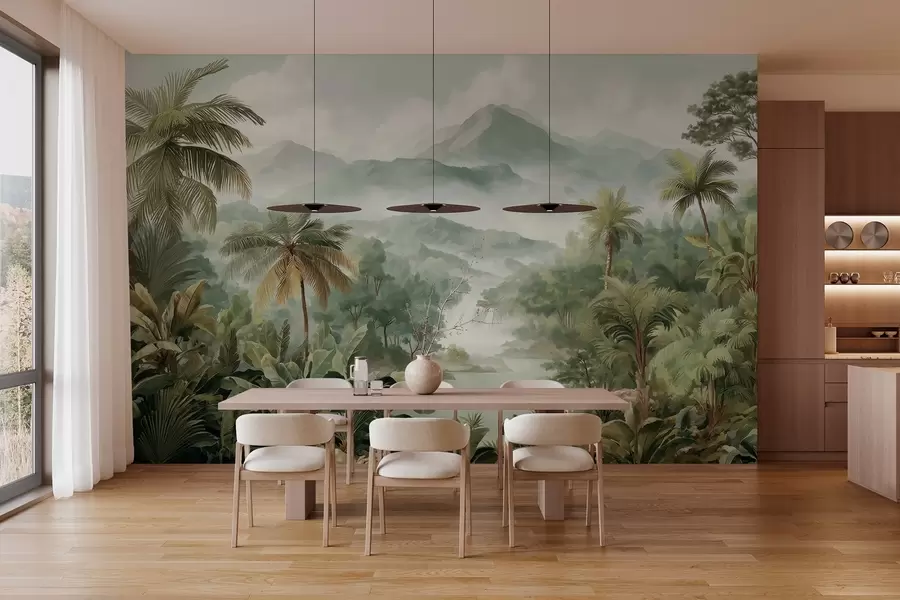 murales de pared selva tropical con cascada w04306