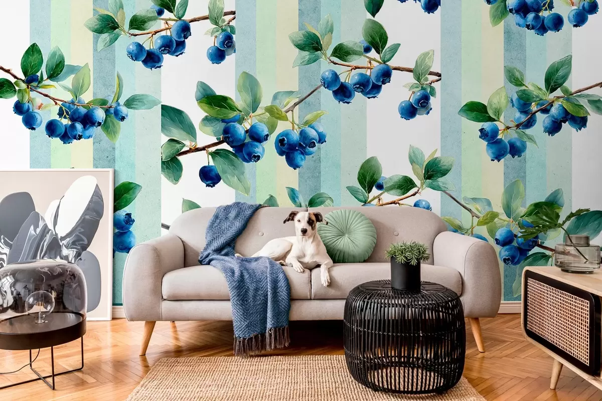 murales de pared racimos de arándanos sobre fondo rayado w04307
