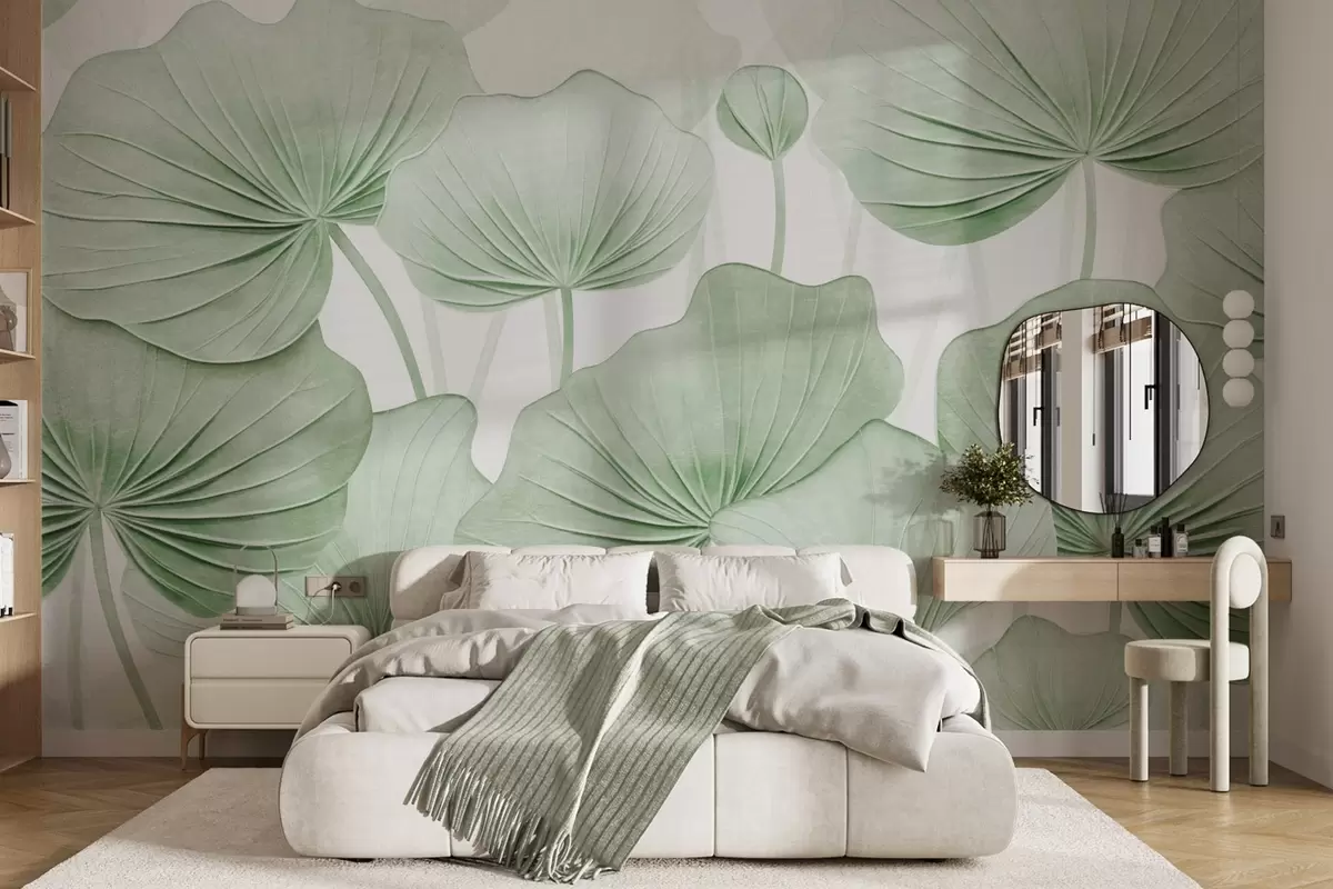 murales de pared Hojas de loto con imitación de textura envejecida w04412