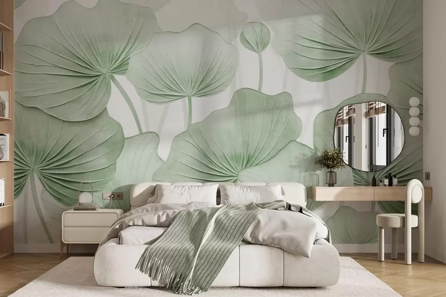 murales de pared Hojas de loto con imitación de textura envejecida w04412