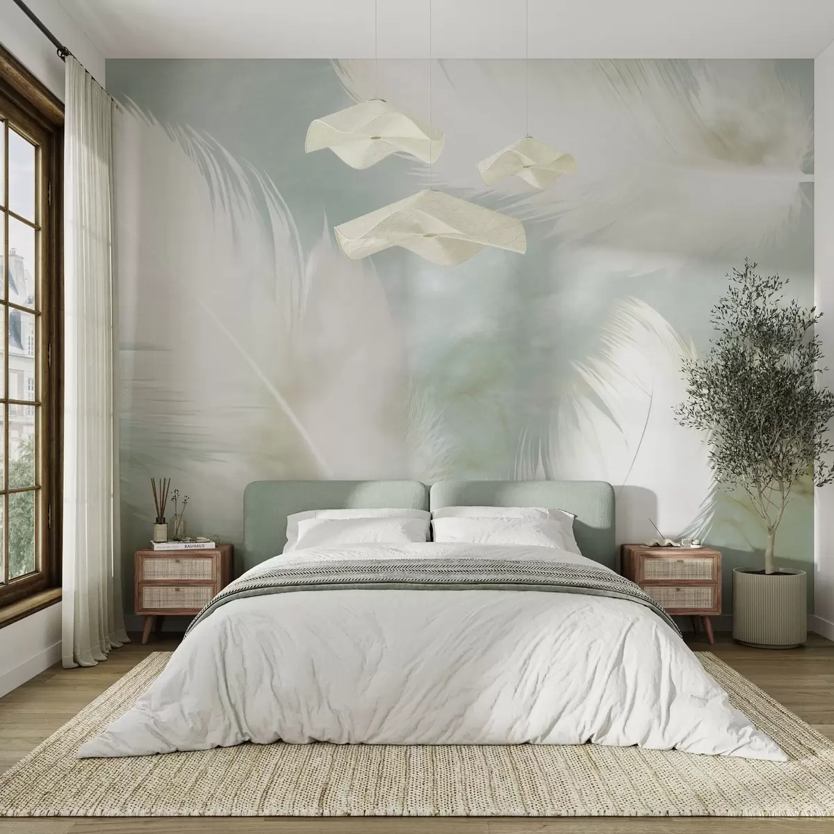 murales de pared Delicadas plumas blancas sobre un suave fondo menta w04399