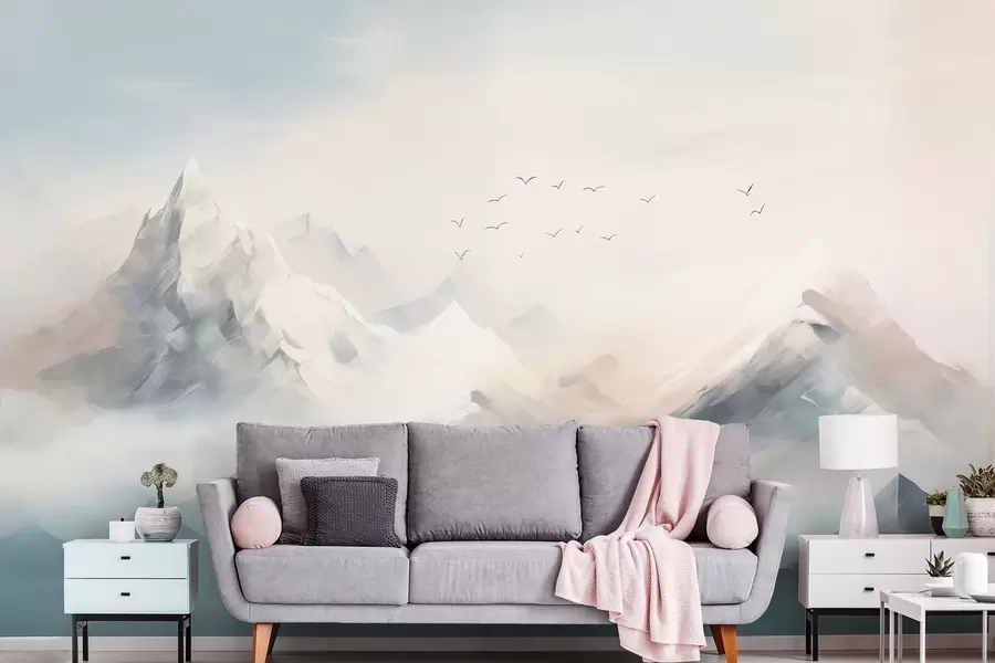 murales de pared Montañas nevadas con niebla matinal y pájaros volando w09326