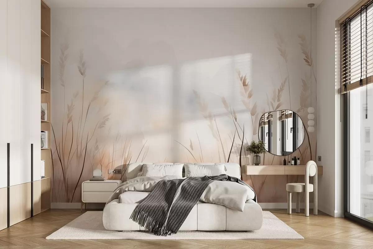 murales de pared Espigas en niebla en suaves tonos beige y marrón w09327