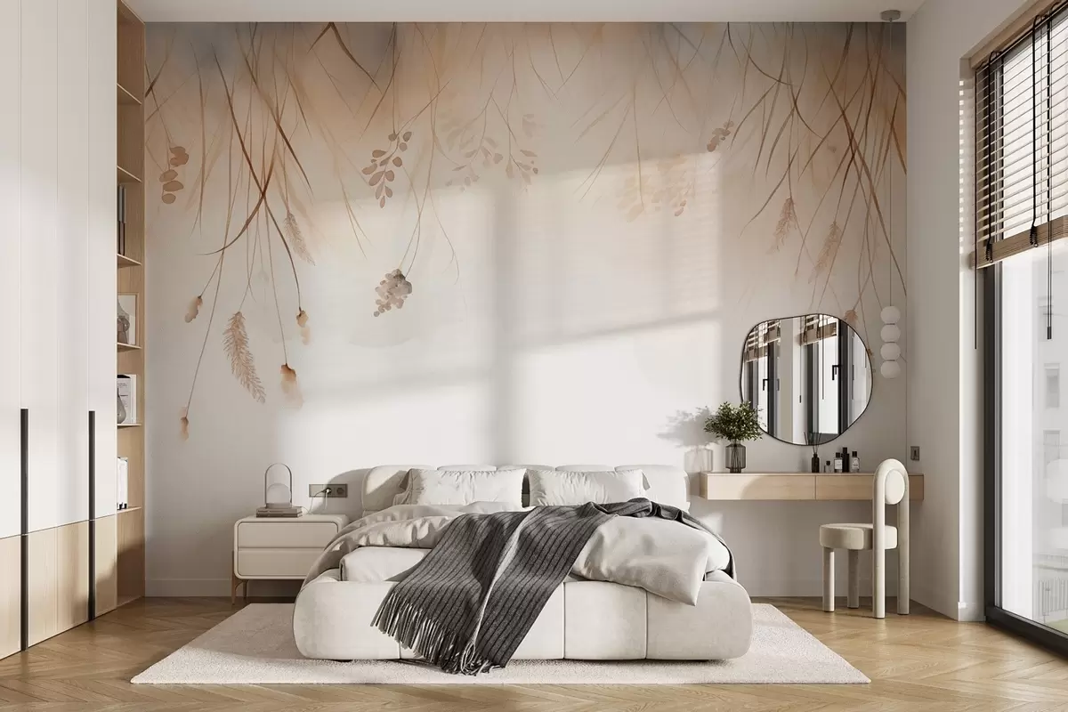 murales de pared Colas de gato caídas y espigas en la niebla en suaves tonos beige y marrón w09328
