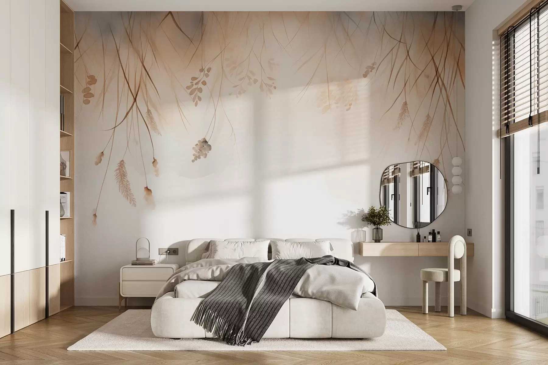 murales de pared Colas de gato caídas y espigas en la niebla en suaves tonos beige y marrón w09328