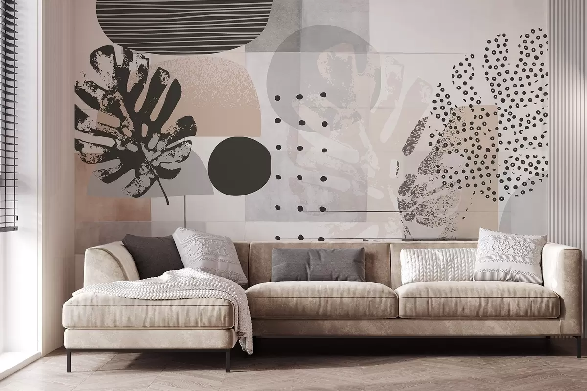 murales de pared Estampado abstracto con formas geométricas y hojas tropicales de monstera, círculos, puntos y líneas, diseño moderno y minimalista w09333