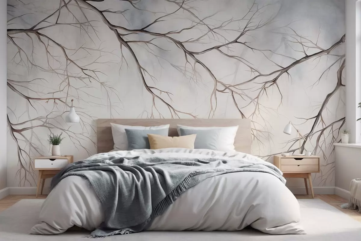 murales de pared Ramas de árbol con un efecto de textura de acuarela, detalles intrincados, paleta de colores suaves, sobre un fondo claro w09337