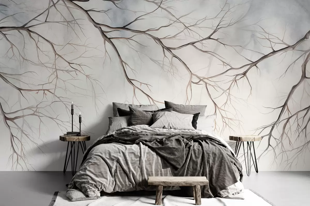murales de pared Ramas de árbol con un efecto de textura de acuarela, detalles intrincados, paleta de colores suaves, sobre un fondo claro w09337