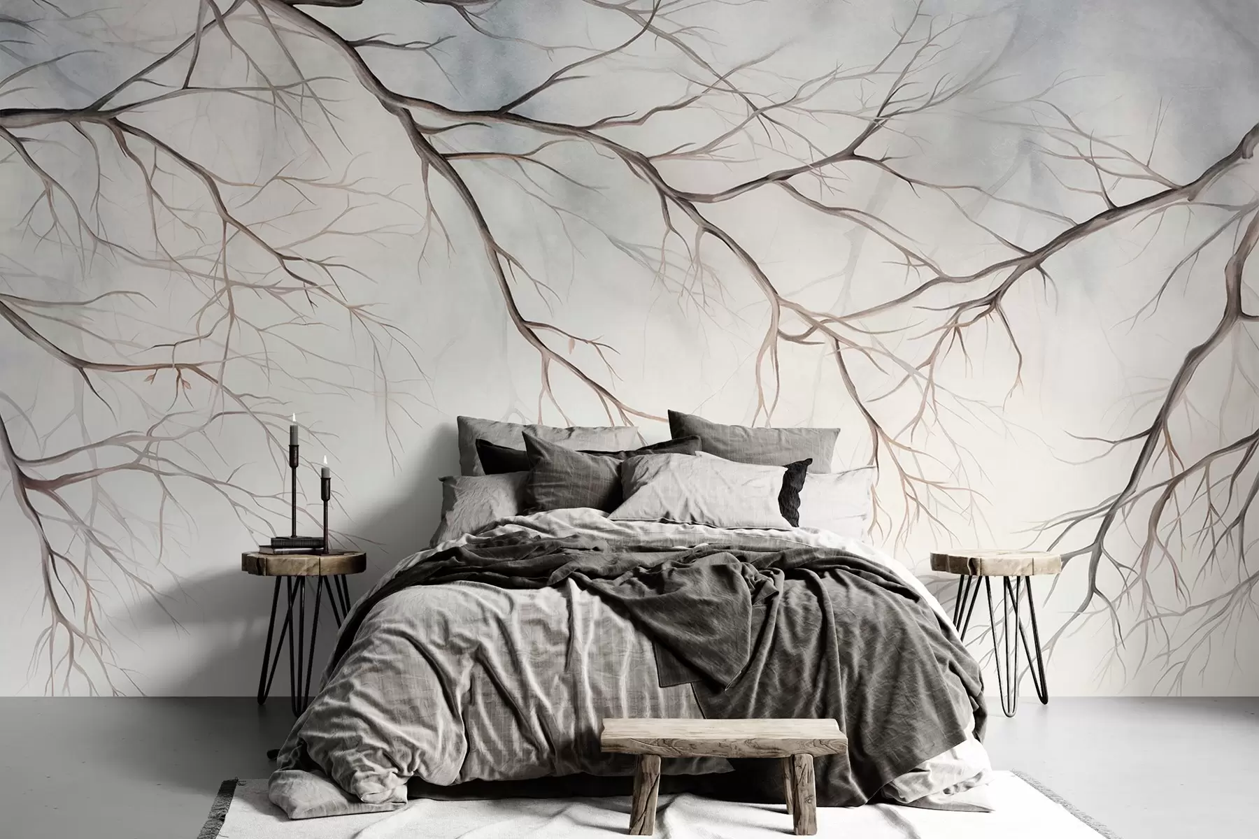 murales de pared Ramas de árbol con un efecto de textura de acuarela, detalles intrincados, paleta de colores suaves, sobre un fondo claro w09337