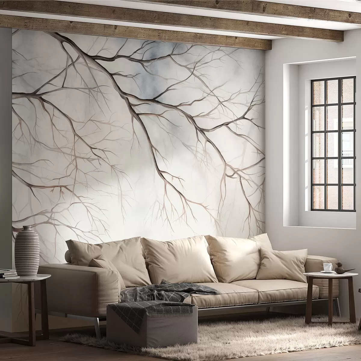 murales de pared Ramas de árbol con un efecto de textura de acuarela, detalles intrincados, paleta de colores suaves, sobre un fondo claro w09337