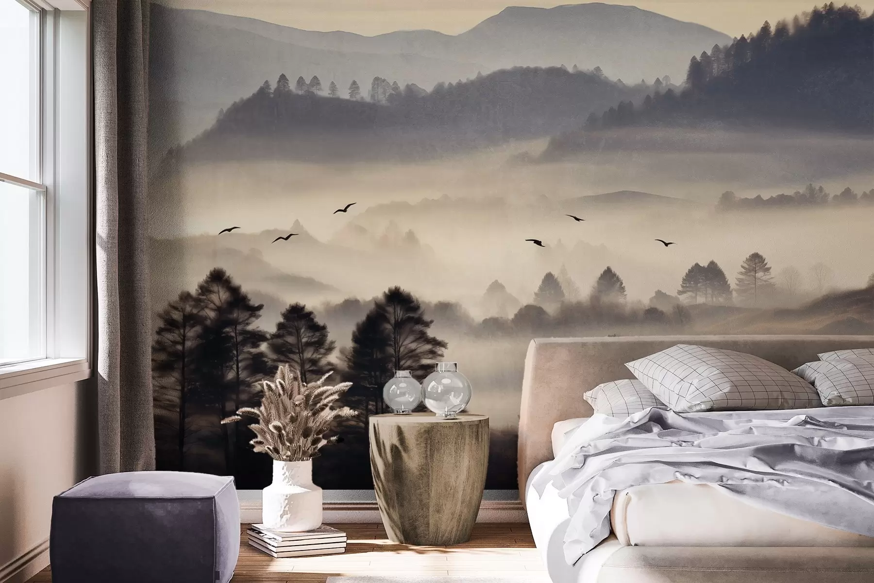 murales de pared Paisaje montañoso texturizado con capas de niebla, árboles silueteados en primer plano, cordillera distante, iluminación suave w09338