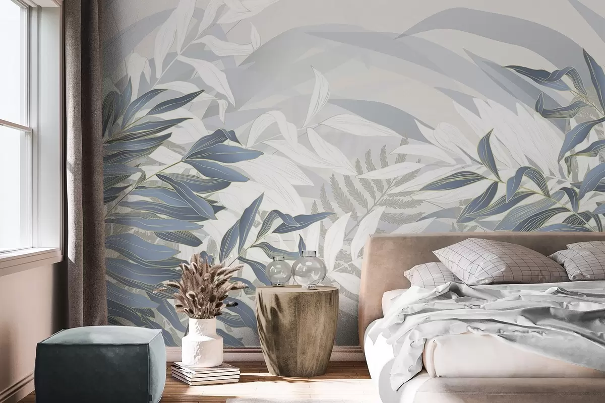 murales de pared Hojas y hierba azules y blancas, colores pastel suaves, ilustración botánica, diseño minimalista, decorativo, moderno w09341
