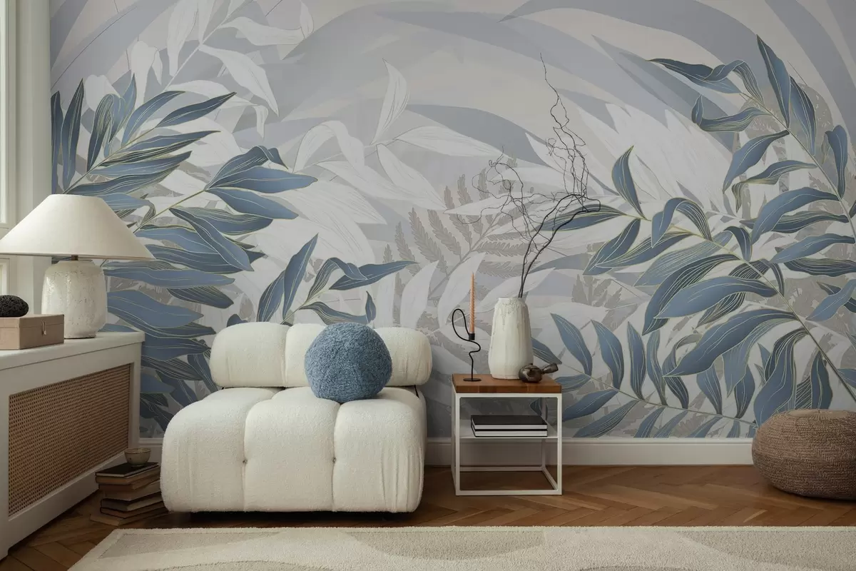 murales de pared Hojas y hierba azules y blancas, colores pastel suaves, ilustración botánica, diseño minimalista, decorativo, moderno w09341