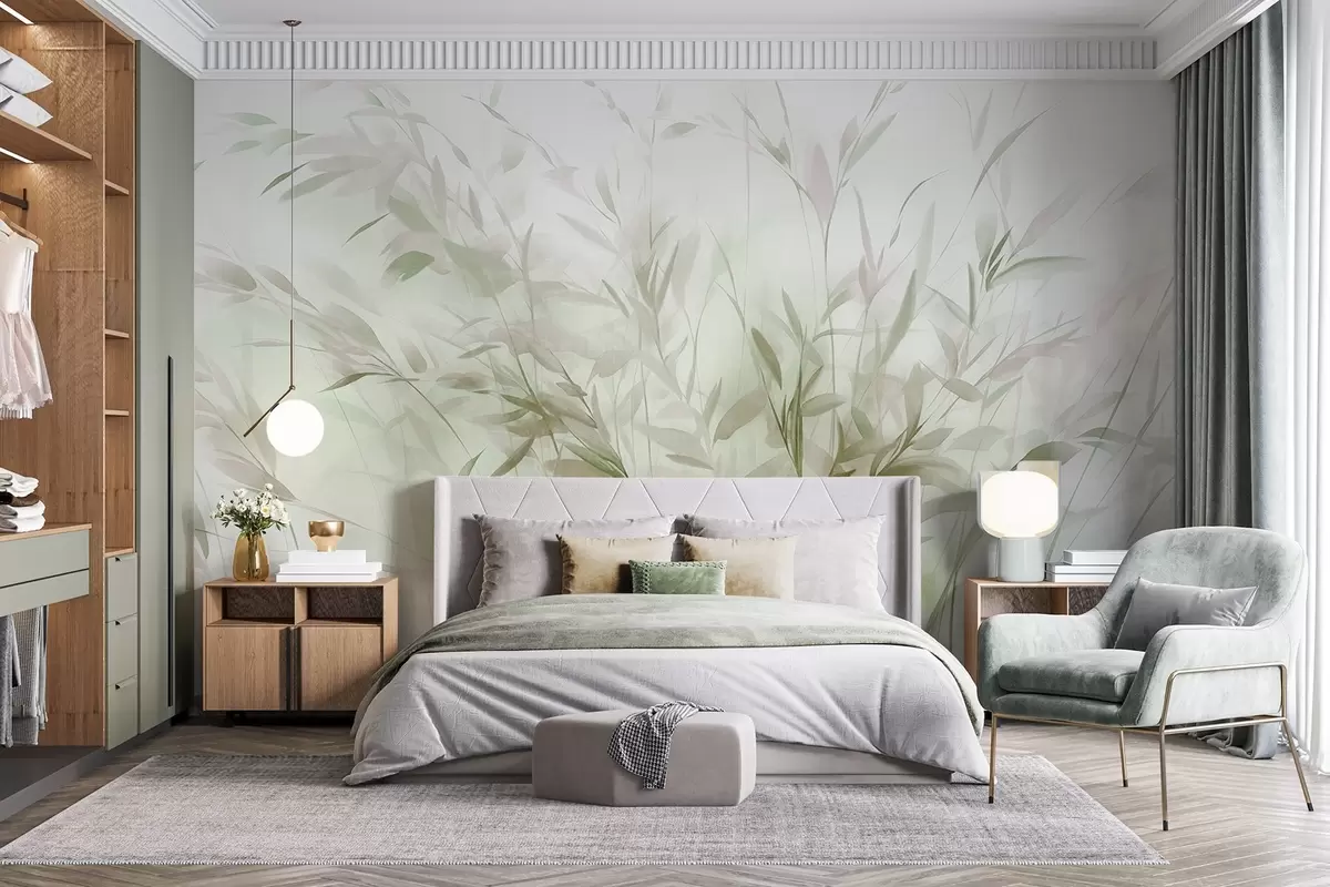 murales de pared Hierba y maleza con hojas y tallos finos, colores verde claro y marrón, pinceladas suaves y delicadas, estampado minimalista w09342