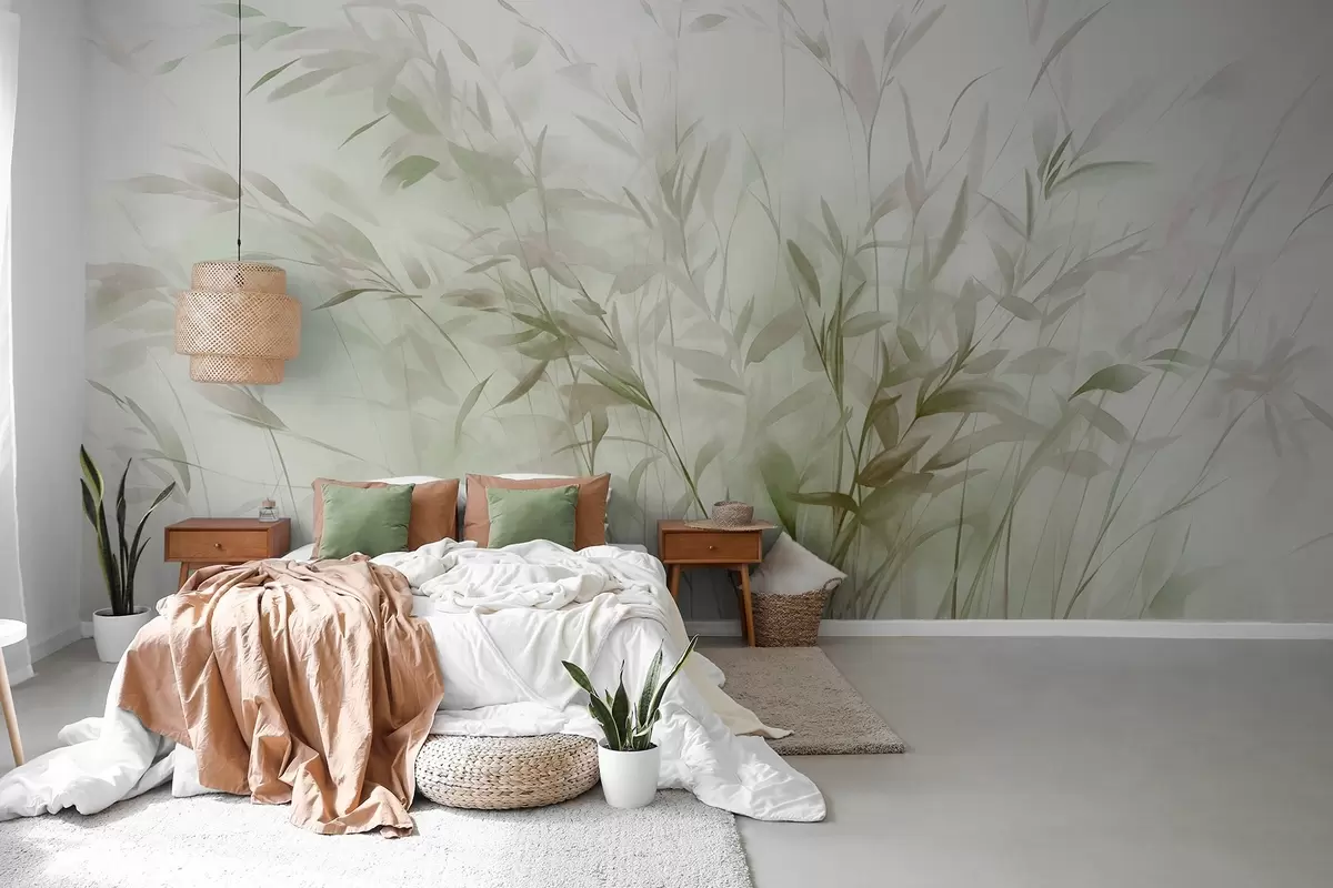murales de pared Hierba y maleza con hojas y tallos finos, colores verde claro y marrón, pinceladas suaves y delicadas, estampado minimalista w09342