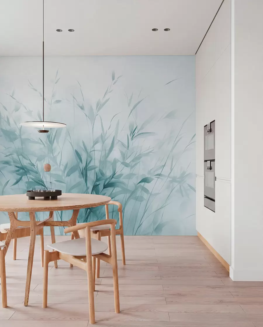 murales de pared Hierba y maleza con hojas y tallos finos, colores azul claro, pinceladas suaves y delicadas, estampado minimalista w09342v1