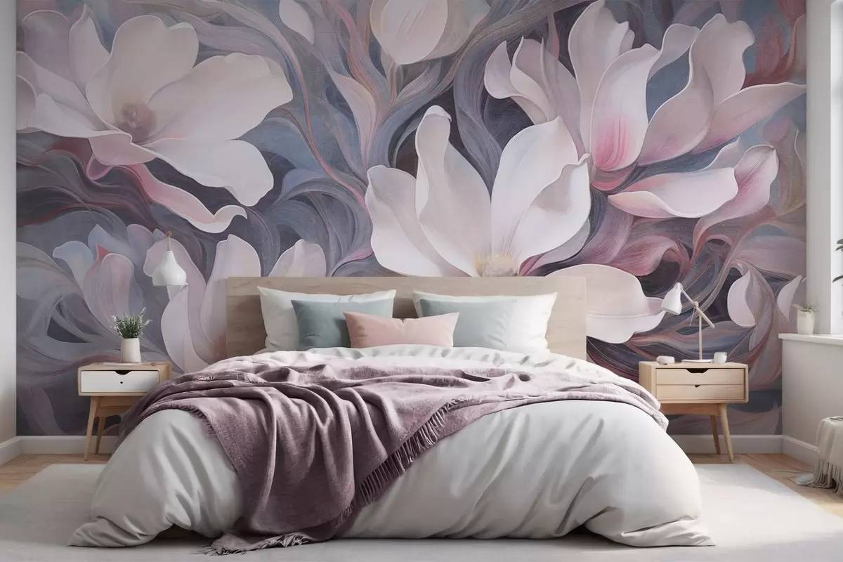 murales de pared Pintura texturizada de flores blancas de magnolia con toques rosas, sobre un fondo de tonos azules y grises apagados w09344