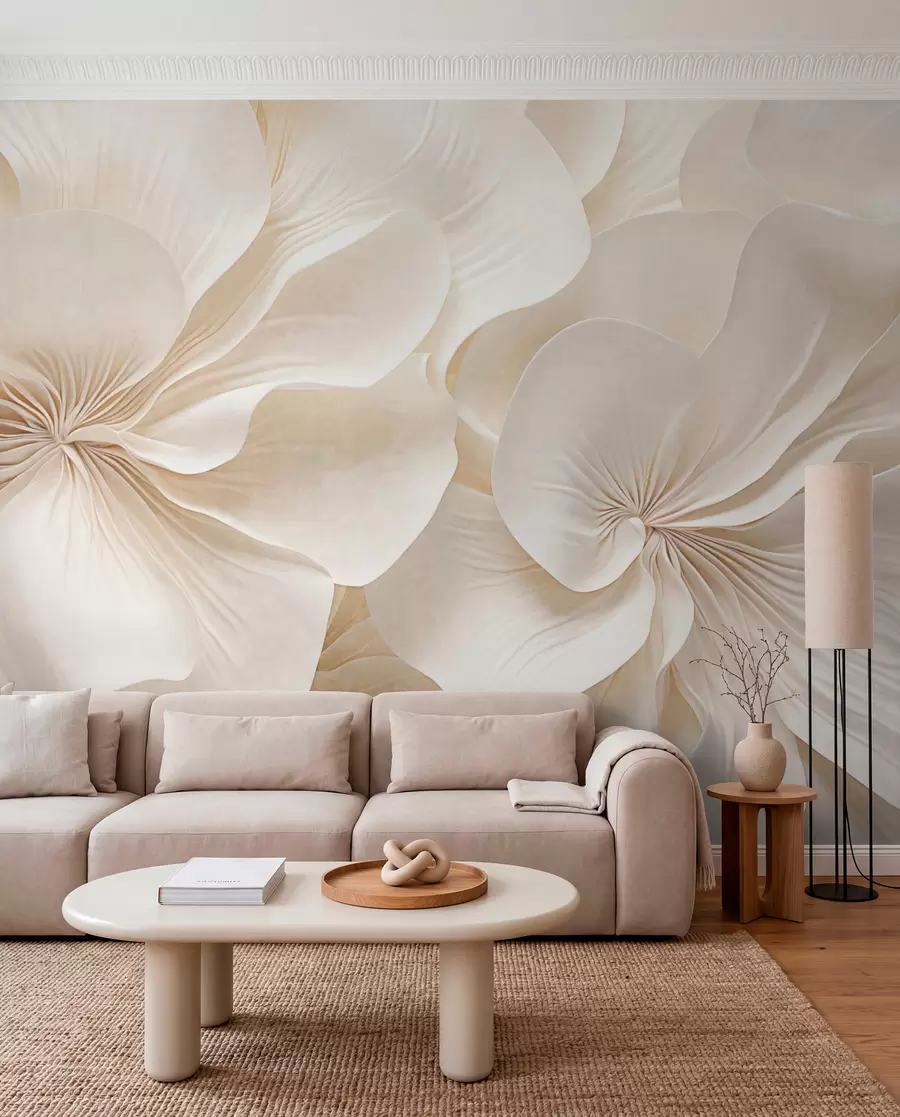 murales de pared Primer plano de flores de textura cremosa con pétalos delicados y fluidos, creando un arreglo floral suave, elegante y con textura w09346