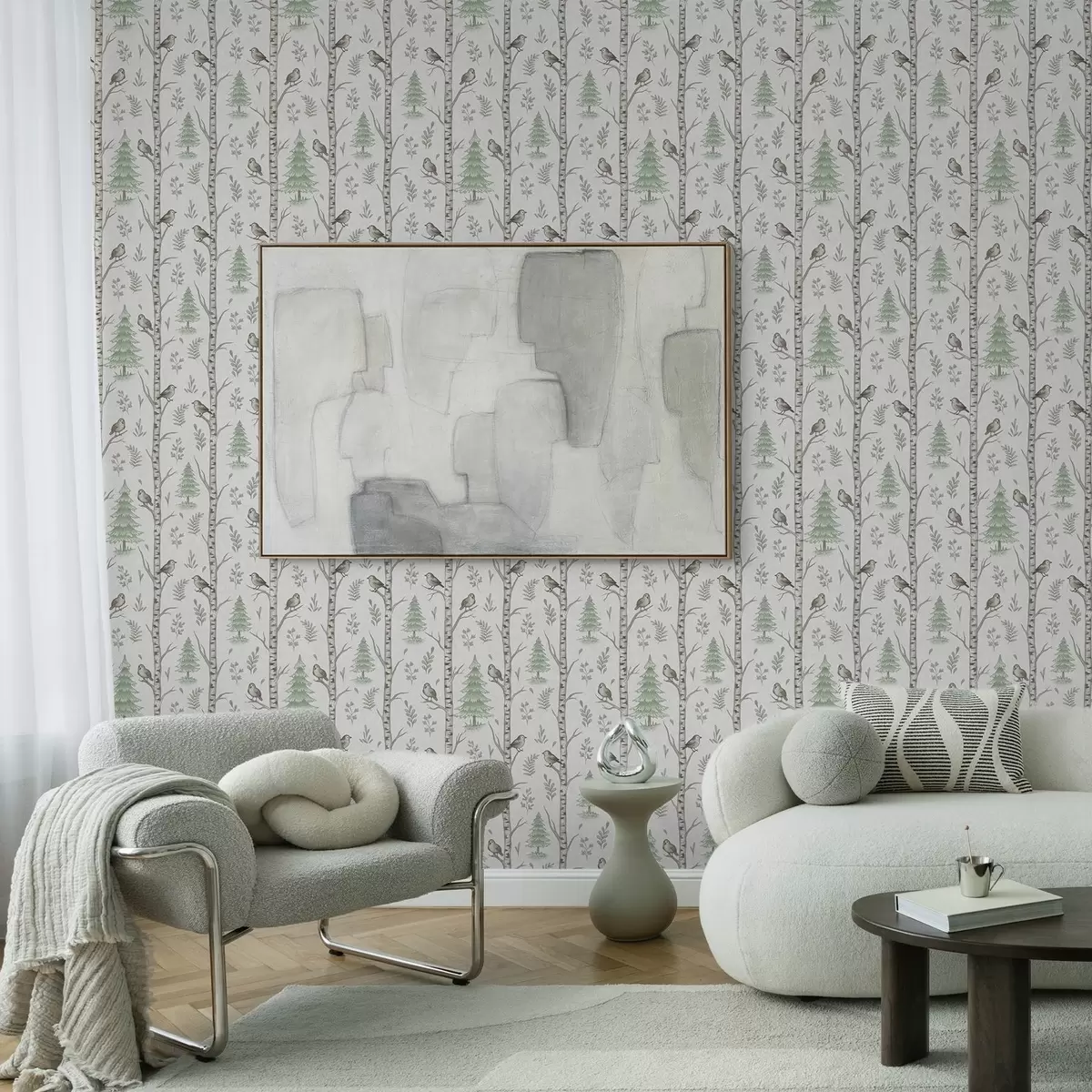 Papel pintado Abedules con pájaros en un bosque verde claro a00316