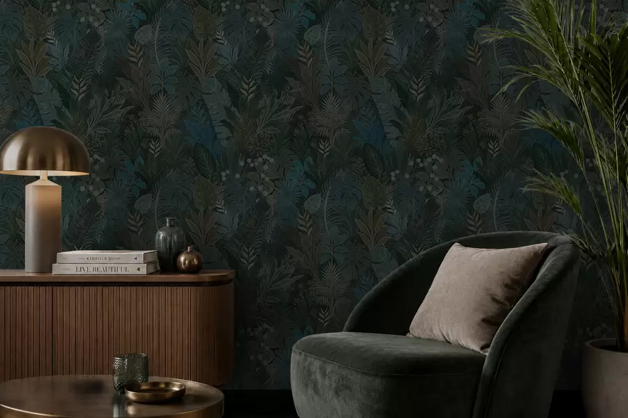 murales de pared Follaje tropical verde oscuro con toques azules a00327