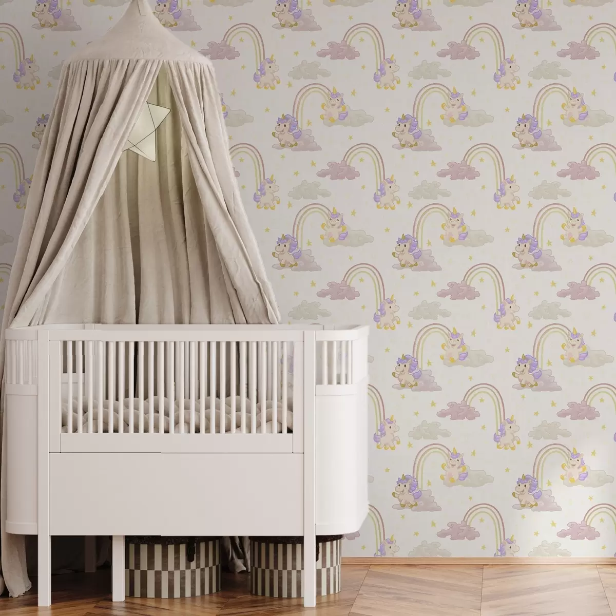 Papel pintado Bonito unicornio con arco iris y estrellas a00339
