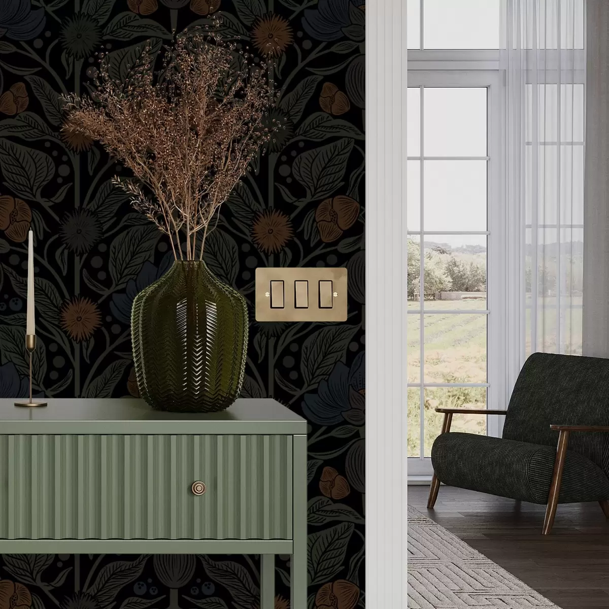 Papel pintado Adorno floral oscuro con detalles naranjas a00411