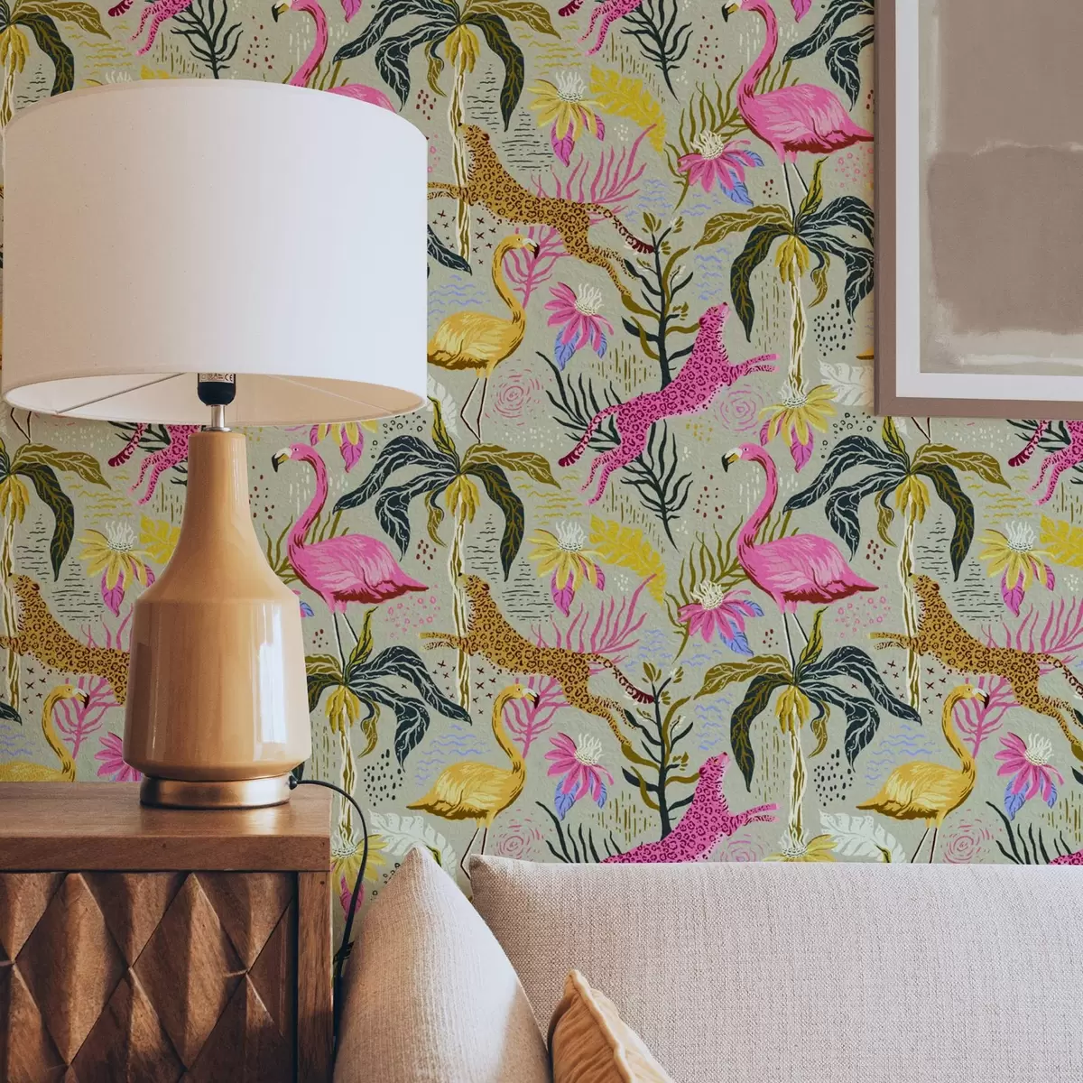 Papel pintado Flamencos y leopardos brillantes entre plantas tropicales a00470