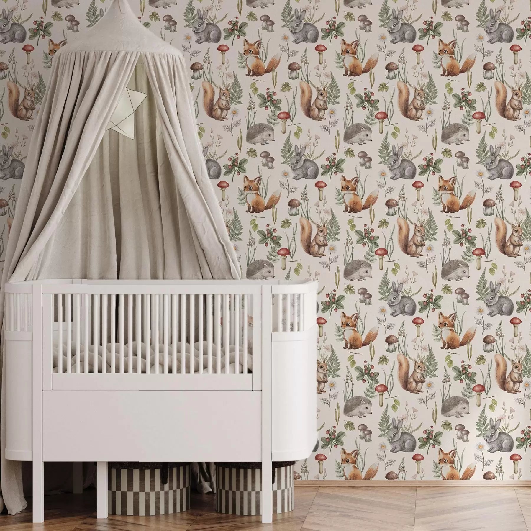 murales de pared Animales, setas y plantas del bosque en un estilo de cuento de hadas a00477