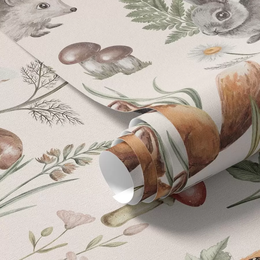 murales de pared Animales, setas y plantas del bosque en un estilo de cuento de hadas a00477