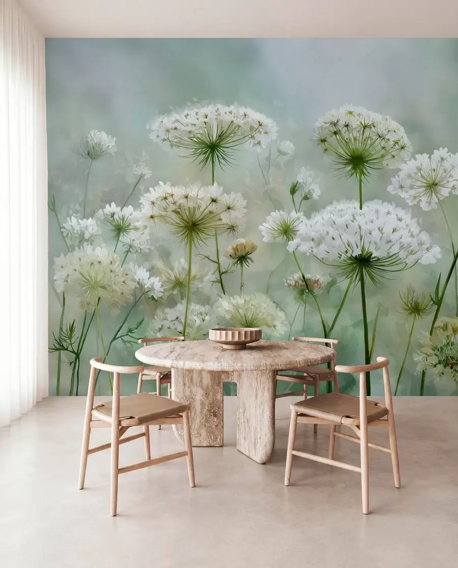 murales de pared delicadas flores silvestres blancas Reina Ana, de estilo pintoresco, tonos verdes w04313