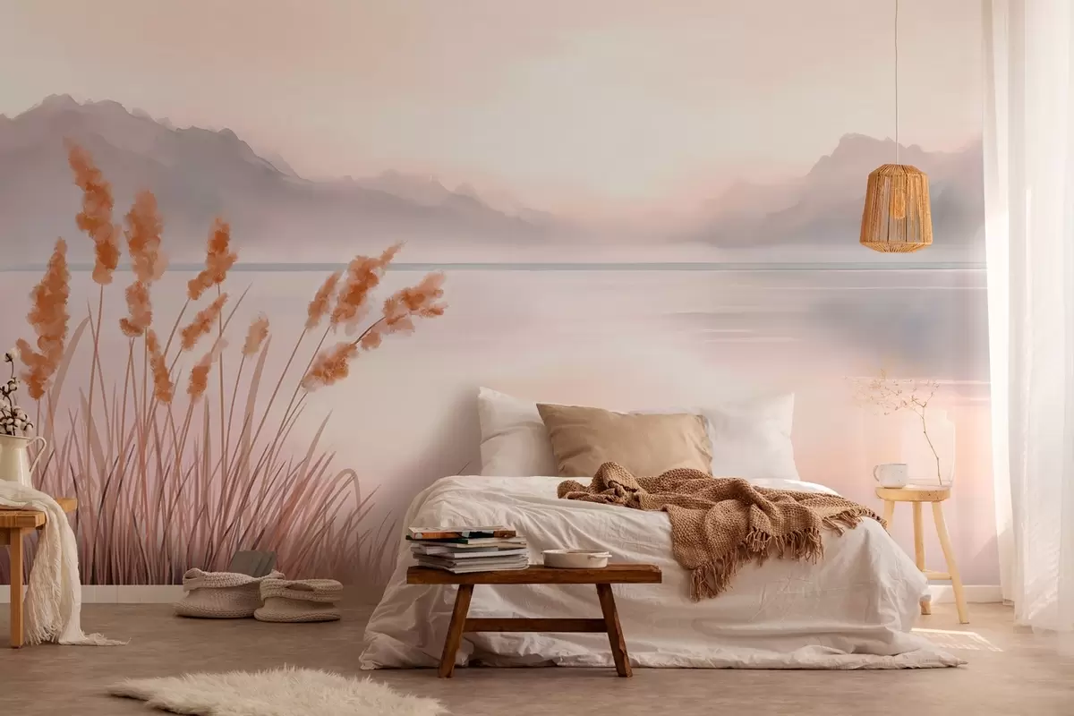 murales de pared un pintoresco lago con juncos y montañas w04315