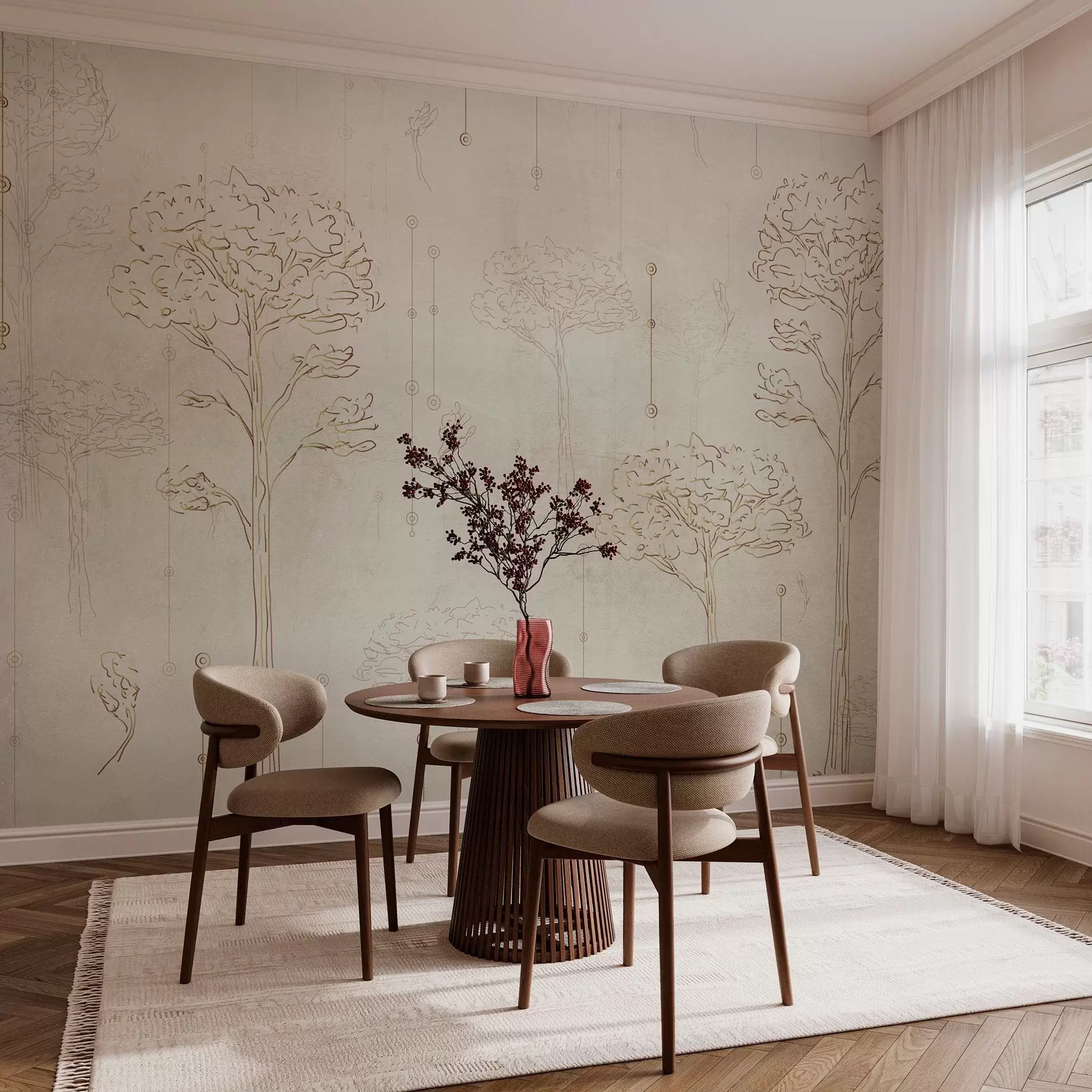 murales de pared Siluetas lineales de árboles en estilo minimalista w04403