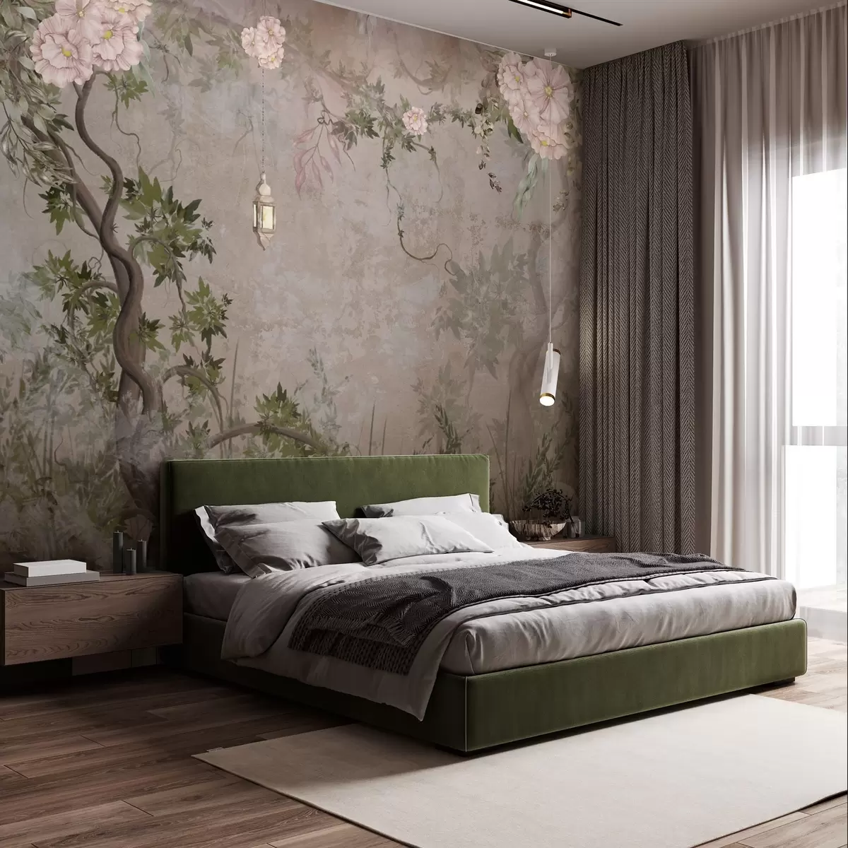 murales de pared Jardín de hadas con flores, árboles y farolillo w04416