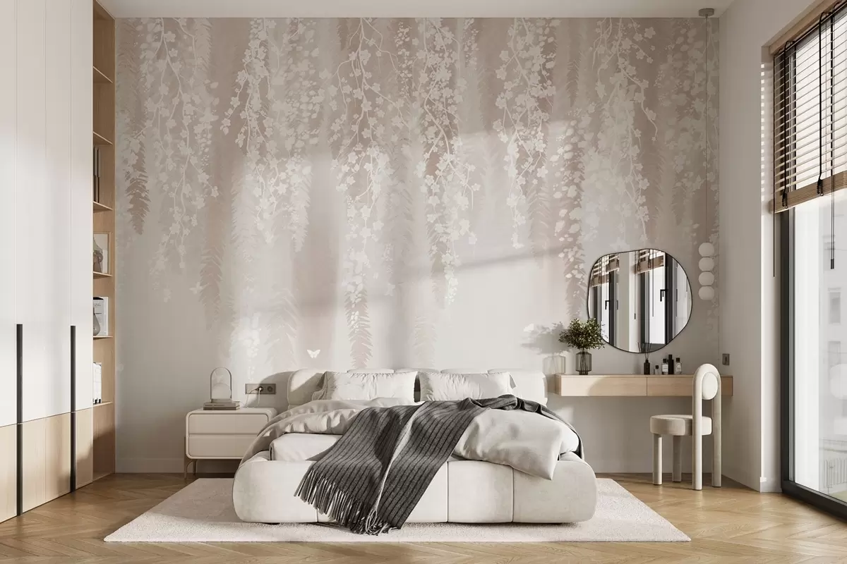 murales de pared Ramas ligeras con flores blancas sobre un fondo suave w04417