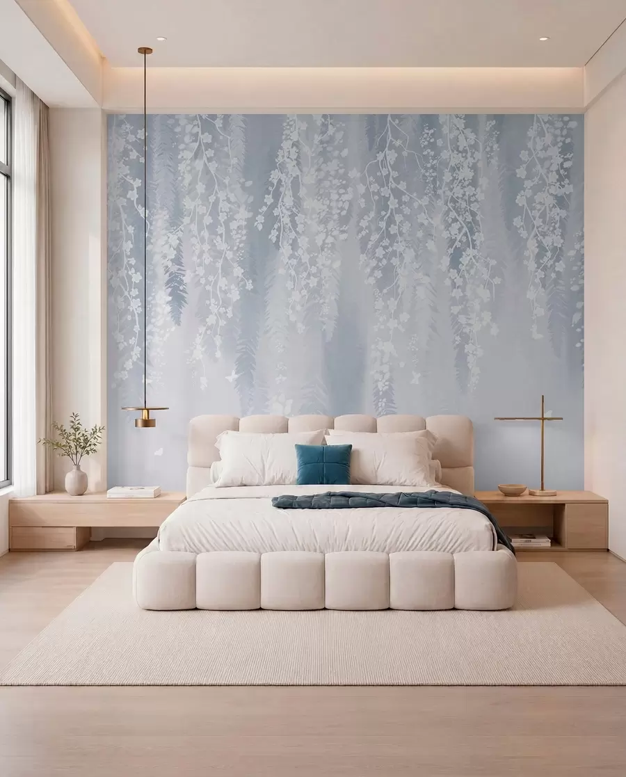 murales de pared Fresca versión azul de ramas con flores blancas w04417v2