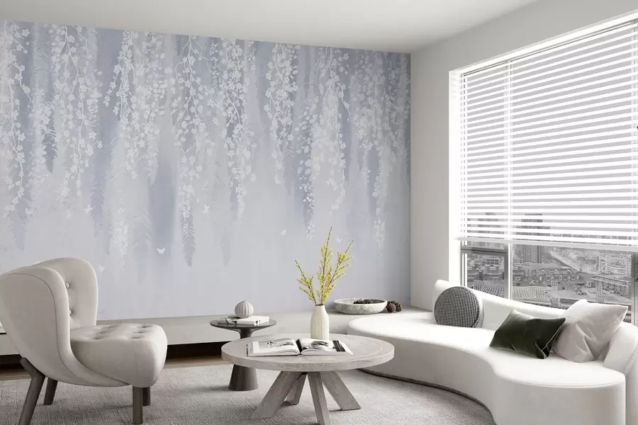 murales de pared Fresca versión azul de ramas con flores blancas w04417v2